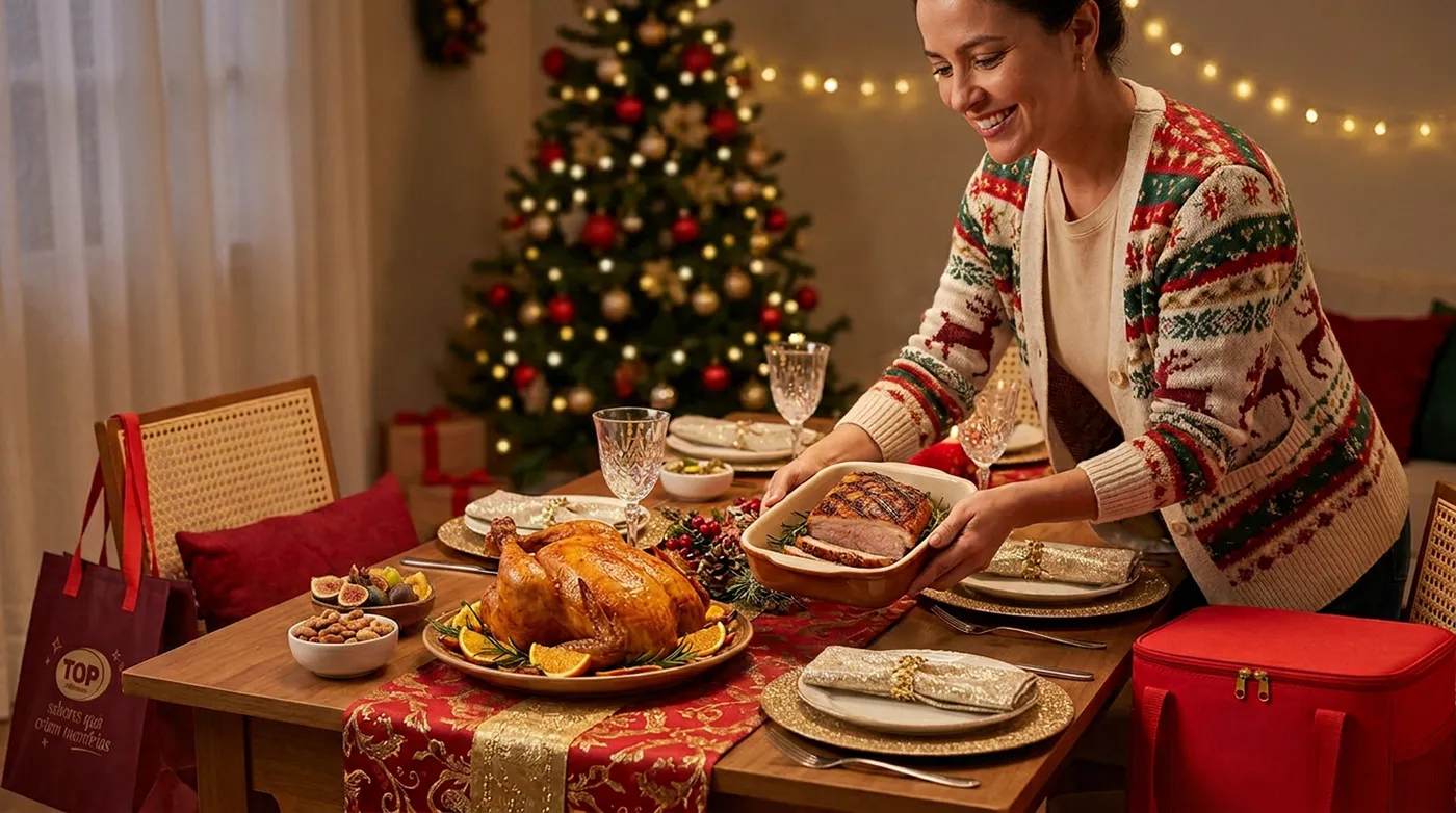 Mesa de ceia de Natal com a ave natalina e as sacolas térmicas Top